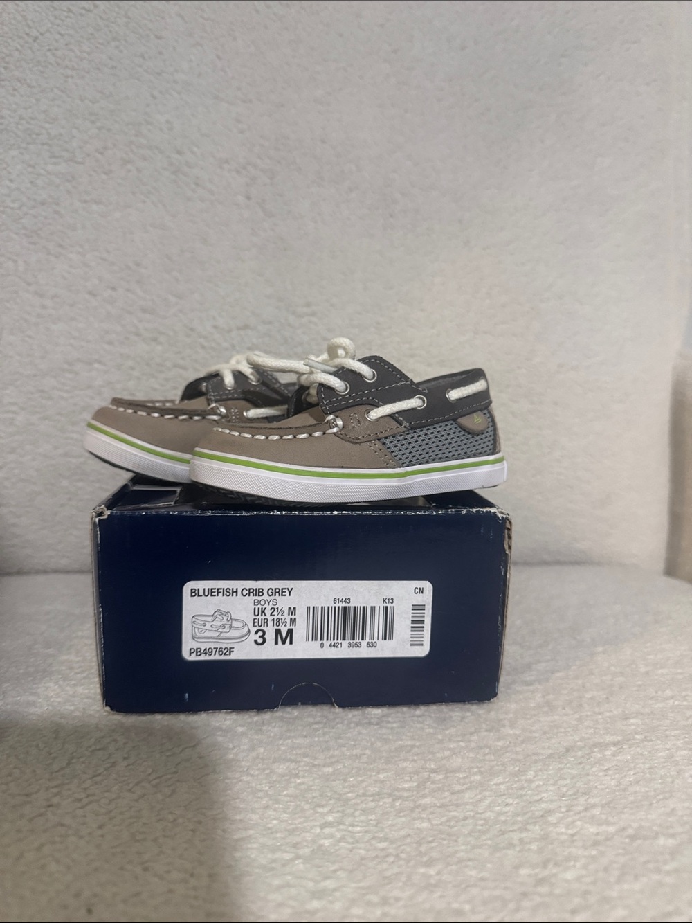 Sperry Grey & White Baby Boat Shoes with Green Accent